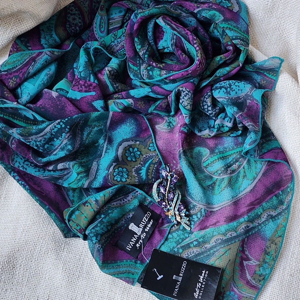 Designer Blue Purple Violet Scarf Silk/Viscose Bow Jabot Paisley Big Brooch - Picture 10 of 17